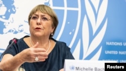 UN High Commissioner for Human Rights Michelle Bachelet attends her final news conference in Geneva